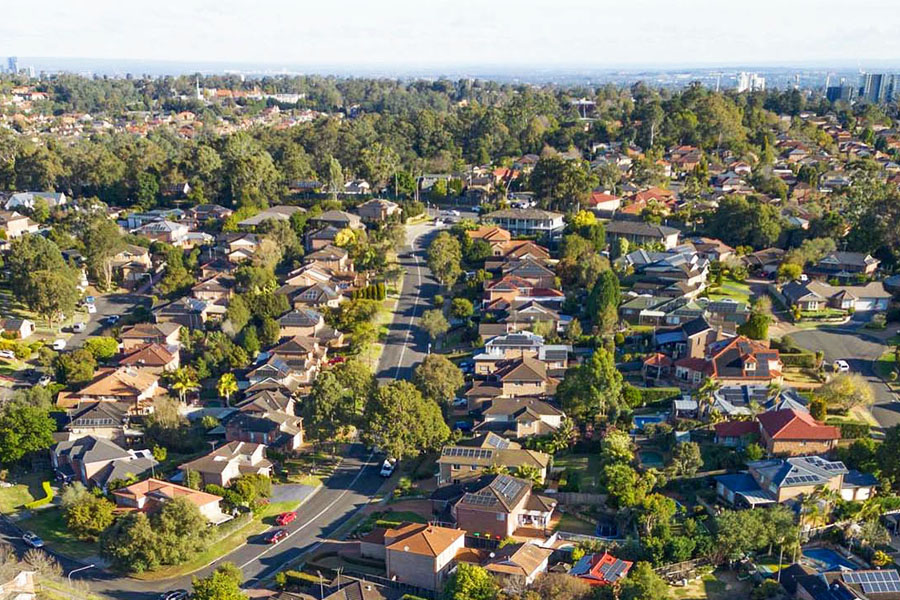 Aerial view of residential housing, Cherrybrook NSW. Credit: NSW Department of Planning, Housing and Infrastructure / Bill Code