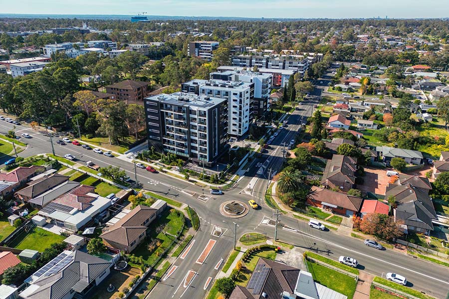 Aerial view looking down at low- and mid-rise housing on Mount Druitt Road and Durham Street, Mount Druitt NSW. Credit: Glenn Hanns/DPE