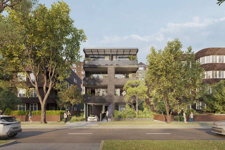 Street view of 4 storey apartment  with two apartment blocks on left and right. Credit: Choi Render